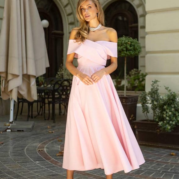 Pink Off-shoulder Midi Dress: Crepe Wedding Guest Cocktail Dress - Etsy