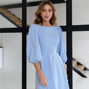 Light Blue Wedding Guest Dress, Midi Formal Dress, Light Blue Cocktail ...