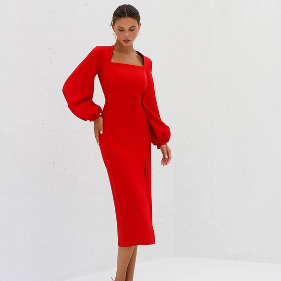 red bodycon knee length dress Sequin Formal Dress Midi Dress: Elegant Long Sleeve Bodycon With Slit Size:40L cocktail party BuyMoreGetExtraOff Blue Cocktail Dresses 2026