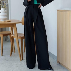 High Waist Black Palazzo Pants in Premium Diagonal Crepe with Elegant Wide Leg Design for Office Wear or Formal Evening Looks