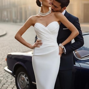 White Corset Midi Dress With Strapless Sweetheart Neckline and Slit in Royal Mango Satin for Bridal or Special Occasions