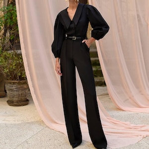 Pantalon large noir sophistiqué taille haute, parfait pour une tenue de soirée et d&#39;affaires