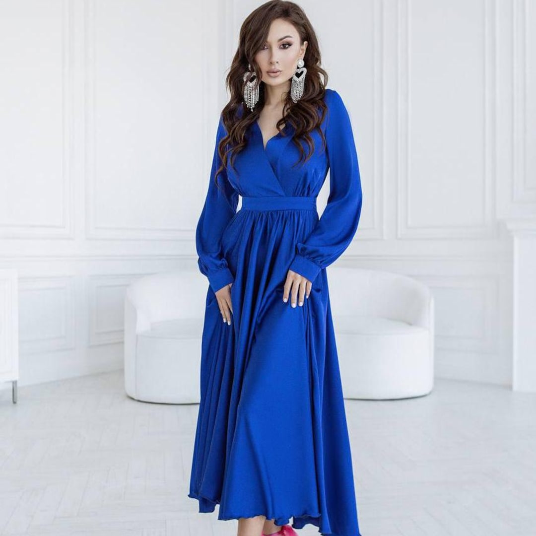 Electric Blue Armani Silk Maxi Dress: Long Sleeve Wedding Gown