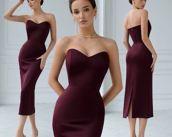 Burgundy midi dress, corset formal dress from satin