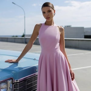 Pink Wedding Guest Backless Midi Dress in Premium Crepe Diagonal With Flowing A-Line Silhouette for Weddings and Elegant Occasions
