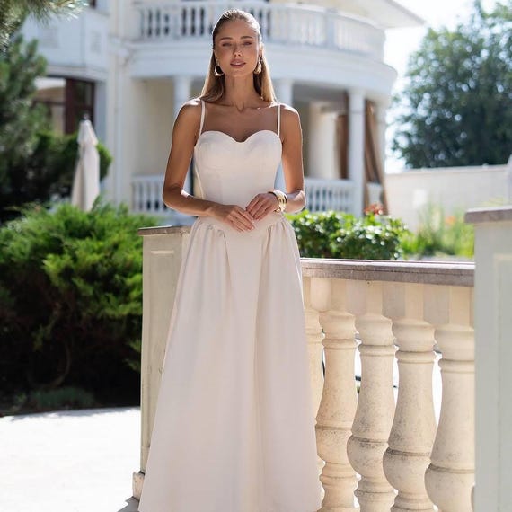 Cream Corset Midi Dress: Elegant A-line Crepe Weddings Parties