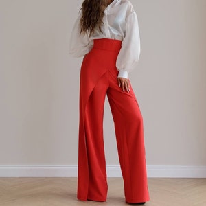 Red wide leg pants, High waisted pants, High waist trousers with pockets