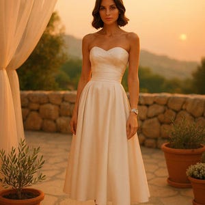 Cream Satin Strapless Midi Dress: Sweetheart Corset Wedding Guest Dress