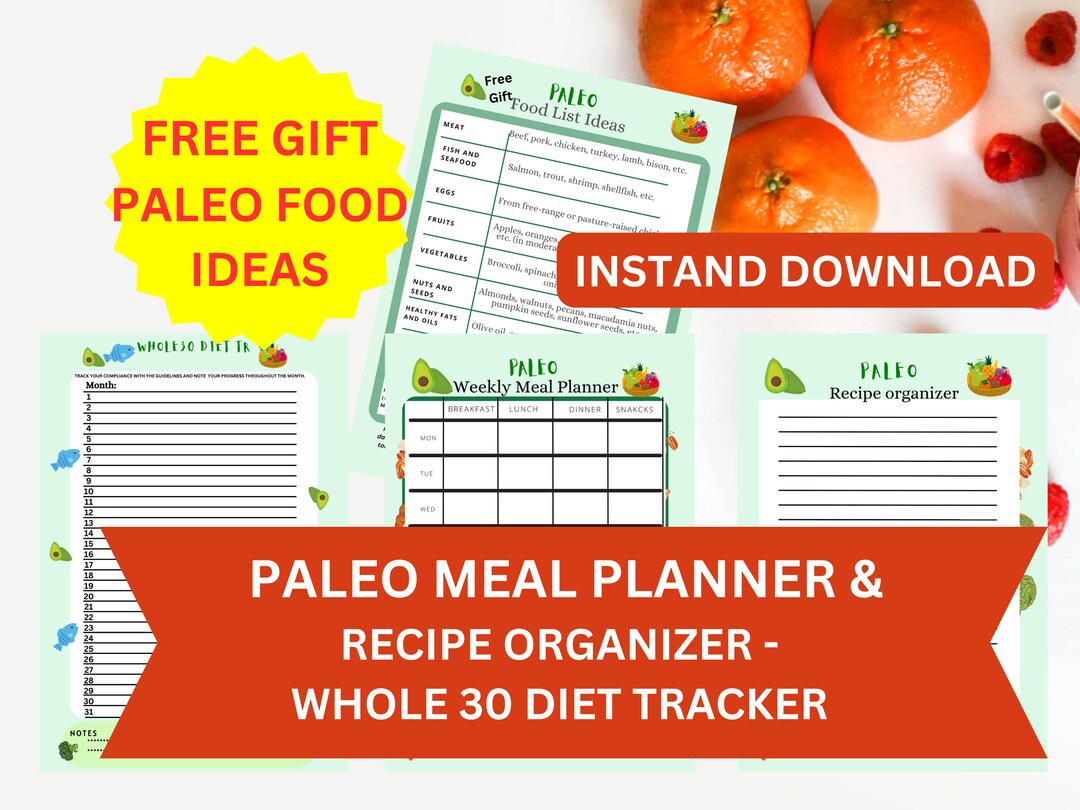 Printable Paleo Meal Planner &amp; Recipe Organizer Whole30 Diet Tracker Free Gift Food Ideas - Etsy