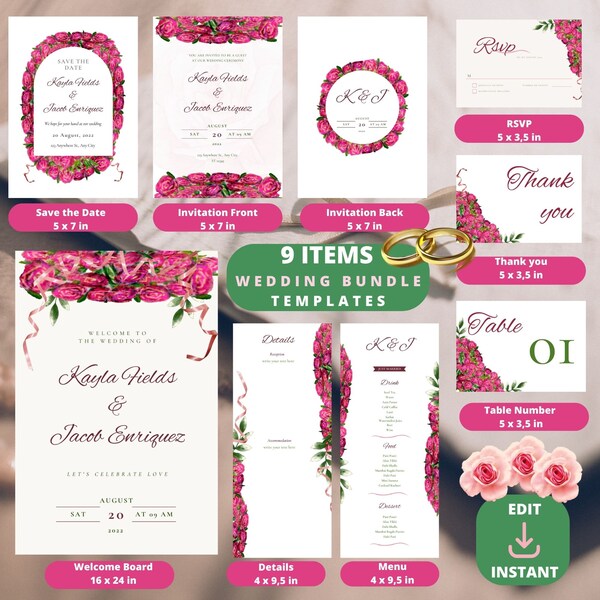 Blushing Rose Garden Wedding Invitations: Editable Canva Template Bundle