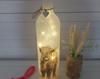 Decoupaged Highland Cow LED Bottle Lamp, Farmhouse Decor
