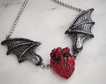 Blood Red Anatomical Heart Necklace with Wings - Handmade Resin Pendant for Gothic Fans - Heart Necklace with Bat/Dragon/Demon Wings