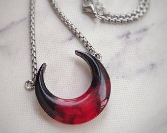 Blood Moon Crescent Necklace - Gothic Jewelry for Vampires & Witches - Handcrafted Lunar Pendant with Smoke-Like Patterns