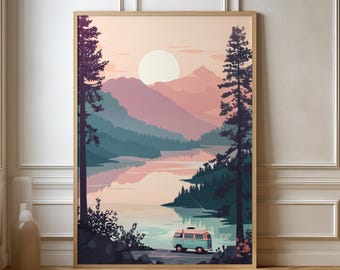 Roadtrip Poster Vanlife Camper Van Reiseposter | Geschenk Reisen Natur Landschaft Camping | Reisedruck | Retro Wanddeko | Reisedruck