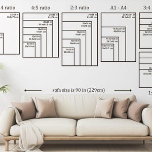 May include: A diagram showing different aspect ratios for framing artwork, with measurements in inches and centimeters. The diagram shows a sofa with a width of 90 inches (229 centimeters).