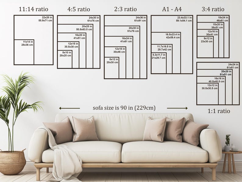 May include: A diagram showing different aspect ratios for framing artwork, with measurements in inches and centimeters. The diagram shows a sofa with a width of 90 inches (229 centimeters).