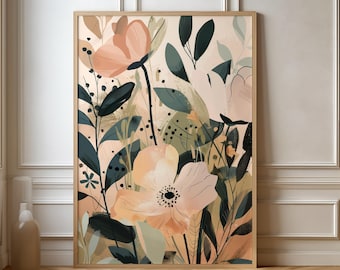 Floral Poster Boho Style – Botanical Wall Art in Beige and Green | Abstract Floral Picture for Living Room & Bedroom | Modern Nature Art Print