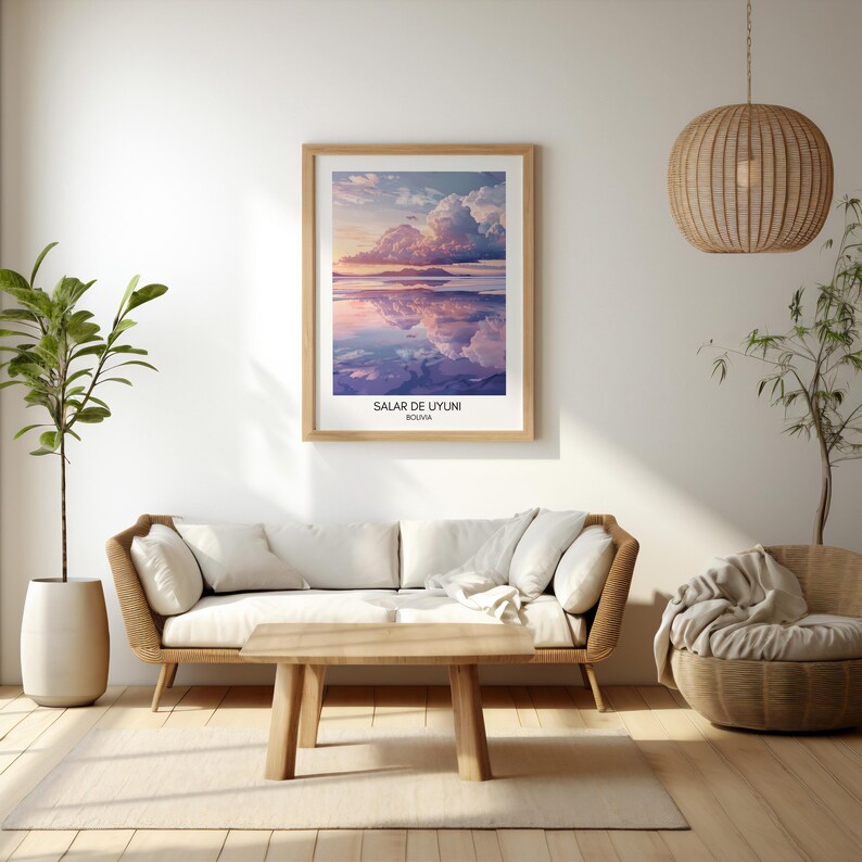 May include: A framed print of a landscape photograph of a salt flat in Bolivia. The photo shows a large, fluffy cloud reflected in the water. The text "SALAR DE UYUNI, BOLIVIA" is printed below the image.