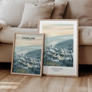 Sauerland Poster Deutschland Reiseposter | Geschenk Reisen Natur Wandern | Retro Wandbild Landschaft Berge | Reisedruck