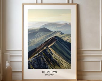 May include: A framed print of a mountain range with a blue, green, and brown color scheme. The text "Helvellyn England" is at the bottom of the print.