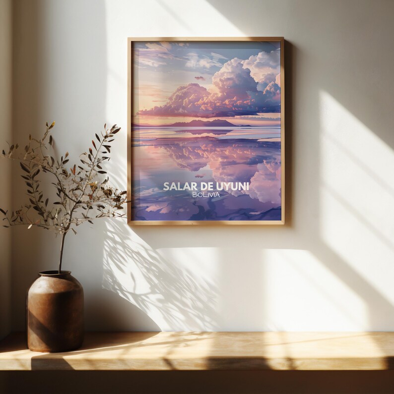 May include: A framed print of a landscape with a large, fluffy cloud reflecting in a body of water. The text "SALAR DE UYUNI BOLIVIA" is printed at the bottom of the image.