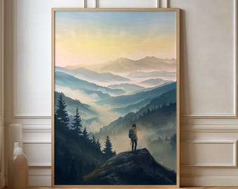 Solo Trip Travel Poster Hiking Mountains Travel Woman Poster | Gift Travel Nature Landscape Adventure Wanderlust | Travel Print | Retro Wall Art