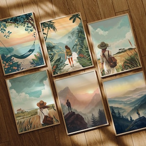 K&ouml;nnte beinhalten: Sechs gerahmte Illustrationen von Menschen, die die Natur genie&szlig;en. Die Illustrationen sind im malerischen Stil mit einer weichen Farbpalette gehalten. Die Illustrationen zeigen eine Frau mit Rucksack, die durch einen Dschungel geht, eine Frau mit Hut und Rucksack, die &uuml;ber ein Feld geht, eine Frau mit Hut und Rucksack, die &uuml;ber ein Feld geht, einen Mann, der auf einer Klippe steht und auf eine Bergkette blickt, einen Mann, der auf einer Klippe steht und auf eine Bergkette blickt, und einen Mann, der auf einer Klippe steht und auf eine Bergkette blickt.