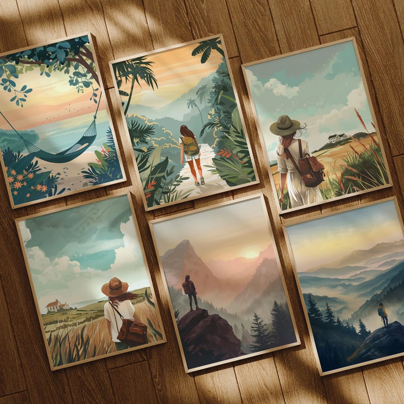 K&ouml;nnte beinhalten: Sechs gerahmte Illustrationen von Menschen, die die Natur genie&szlig;en. Die Illustrationen sind im malerischen Stil mit einer weichen Farbpalette gehalten. Die Illustrationen zeigen eine Frau mit Rucksack, die durch einen Dschungel geht, eine Frau mit Hut und Rucksack, die &uuml;ber ein Feld geht, eine Frau mit Hut und Rucksack, die &uuml;ber ein Feld geht, einen Mann, der auf einer Klippe steht und auf eine Bergkette blickt, einen Mann, der auf einer Klippe steht und auf eine Bergkette blickt, und einen Mann, der auf einer Klippe steht und auf eine Bergkette blickt.