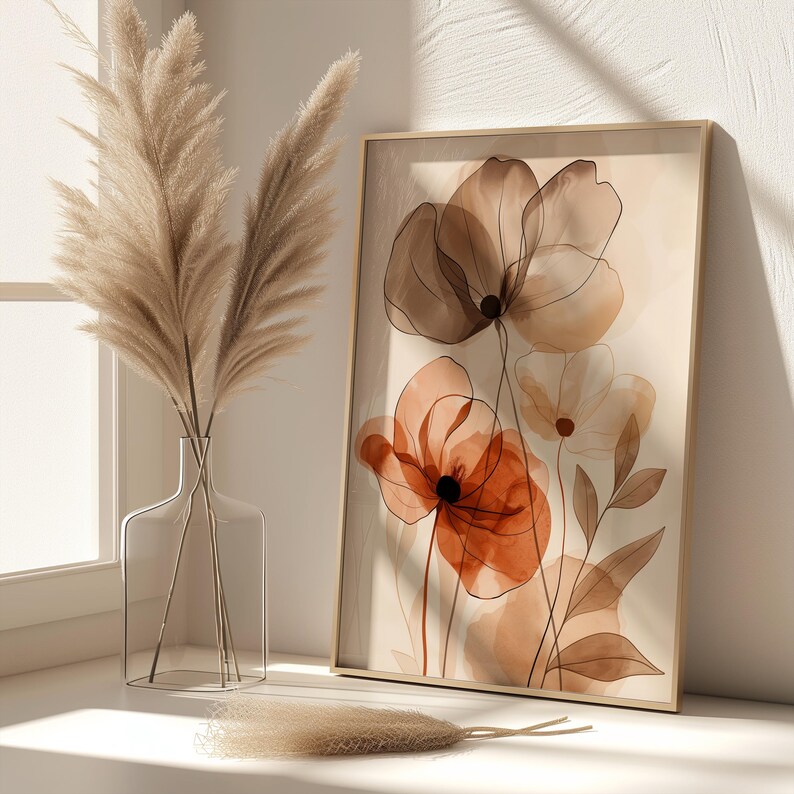 Botanisches Boho Poster in beige braun – Florales Wandbild mit Mohnblumen | Minimalistische Line Art für Wohnzimmer, Büro & Schlafzimmer Bild 2