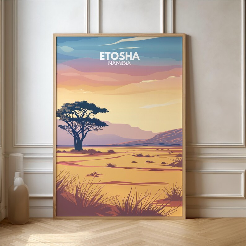 May include: A vintage travel poster with a sunset landscape featuring a lone tree in the foreground. The text "ETOSHA NAMIBIA" is at the top of the poster.