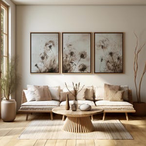 Poster Set of 3 beige | Floral botanical posters | Boho flowers dandelion | Wall art for the living room and bedroom | Decorative print