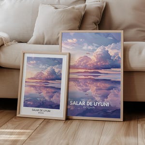 May include: Two framed prints of a scenic landscape with a reflection of clouds in a body of water. The top print reads "Salar de Uyuni, Bolivia". The bottom print reads "Salar de Uyuni, Bolivia".