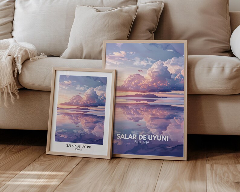 May include: Two framed prints of a scenic landscape with a reflection of clouds in a body of water. The top print reads "Salar de Uyuni, Bolivia". The bottom print reads "Salar de Uyuni, Bolivia".