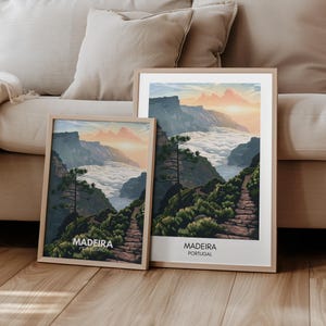 May include: Two framed prints of a mountain landscape with a path leading up to a peak. The prints are both titled "Madeira, Portugal".