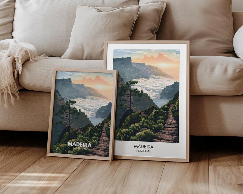 May include: Two framed prints of a mountain landscape with a path leading up to a peak. The prints are both titled "Madeira, Portugal".
