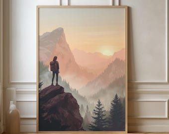 Travel Poster Solo Trip Hiking Mountains Travel Woman Poster | Gift Travel Nature Landscape Adventure Wanderlust | Travel Print | Retro Wall Art