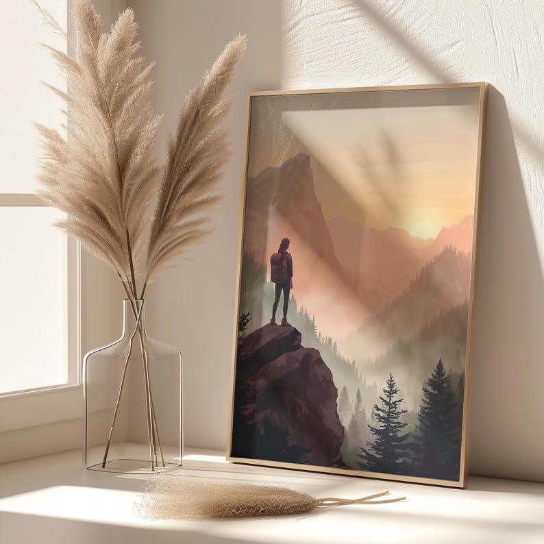 K&ouml;nnte beinhalten: Ein gerahmter Druck eines Wanderers, der auf einem Berggipfel steht und auf ein nebliges Tal blickt. Der Himmel ist in leuchtenden Orange- und Gelbt&ouml;nen gehalten, was auf einen Sonnenaufgang oder Sonnenuntergang hindeutet. Der Druck ist in einem goldenen Rahmen.