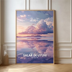 May include: A framed print of a landscape with a large, fluffy cloud reflecting in a body of water. The sky is a soft pink and blue, and the water is a deep purple. The text "SALAR DE UYUNI BOLIVIA" is printed at the bottom of the print.
