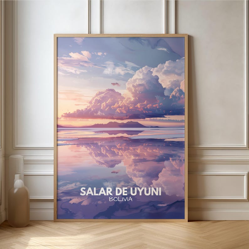 May include: A framed print of a landscape with a large, fluffy cloud reflecting in a body of water. The sky is a soft pink and blue, and the water is a deep purple. The text "SALAR DE UYUNI BOLIVIA" is printed at the bottom of the print.