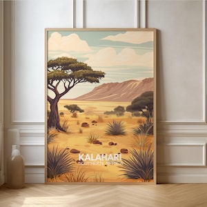 Puede incluir: Un cartel de viaje vintage que representa un paisaje del desierto de Kalahari en Sudáfrica. El cartel muestra un gran árbol en primer plano con una cordillera en el fondo. El cielo es de color azul claro con nubes blancas. El texto "KALAHARI SOUTHERN AFRICA" está impreso en blanco en la parte inferior del cartel.