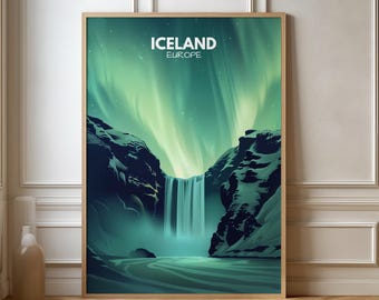 May include: A framed art print depicting a waterfall in Iceland beneath the Aurora Borealis. The artwork uses a teal and green colour scheme, with the text "ICELAND EUROPE" at the top. The print is displayed on a wooden floor.