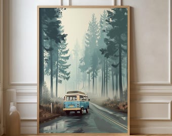 Poster Vanlife Roadtrip Camper Travel Poster Van Forest | Gift Travel Nature Landscape Camping Adventure | Travel Print | Retro Wall Art