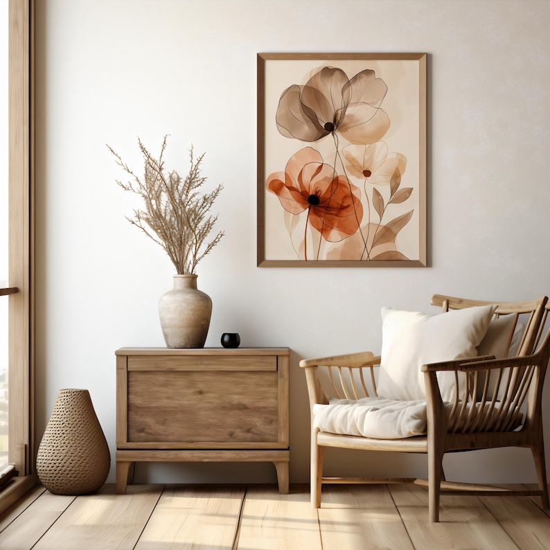 Botanisches Boho Poster in beige braun – Florales Wandbild mit Mohnblumen | Minimalistische Line Art für Wohnzimmer, Büro & Schlafzimmer Bild 3