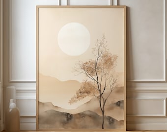 May include: A framed art print featuring a serene landscape in muted tones. The artwork depicts a large, pale sun, a tree with delicate branches and leaves, and rolling hills in shades of brown and beige. The print is in a light wood frame.