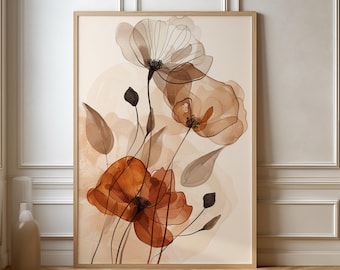 Botanisches Boho Wandbild in Erdtönen – Florales Poster mit Mohnblumen | Minimalistische Line Art für Wohnzimmer, Büro & Schlafzimmer