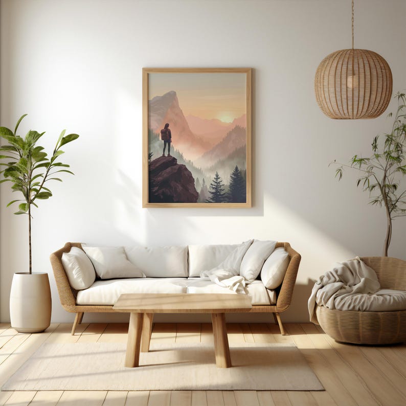 K&ouml;nnte beinhalten: Ein gerahmter Druck einer Berglandschaft mit einer Person, die auf einer Klippe steht und auf ein Tal blickt. Der Himmel ist in sanftem Orange und Rosa gehalten, und die Berge sind von einem leichten Nebel bedeckt.