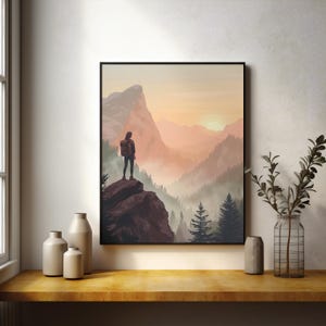 K&ouml;nnte beinhalten: Ein digitales Gem&auml;lde einer Person, die auf einem felsigen Kliff steht und auf ein nebliges Bergtal blickt. Die Sonne geht in der Ferne unter und taucht die Landschaft in ein warmes Licht.