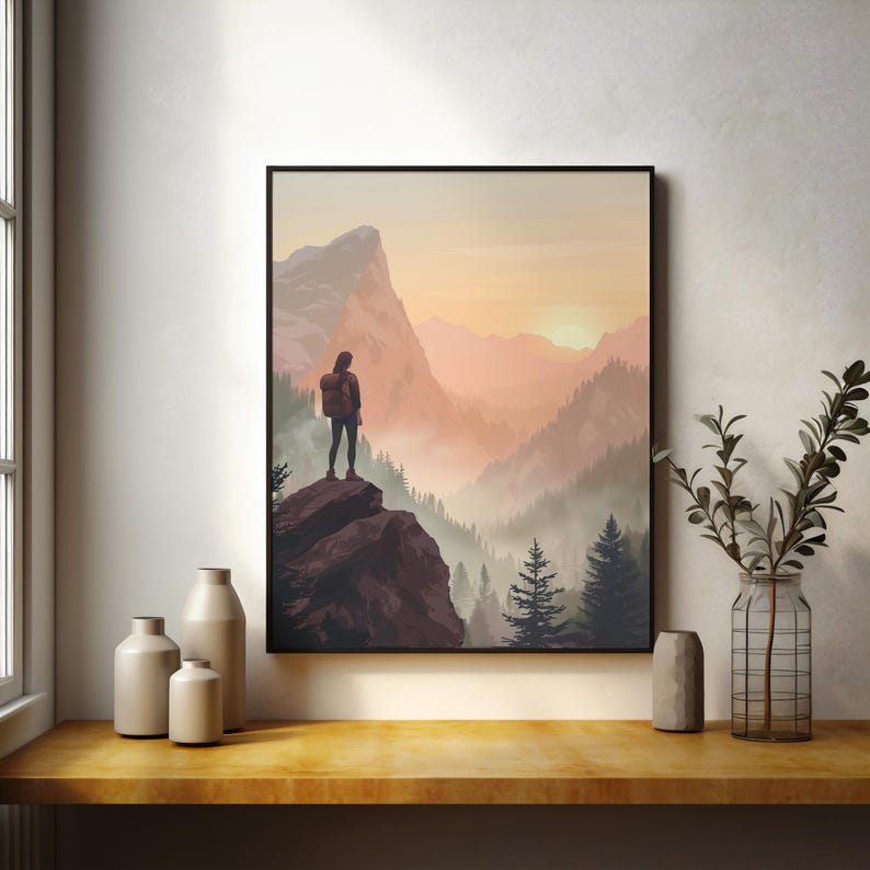 K&ouml;nnte beinhalten: Ein digitales Gem&auml;lde einer Person, die auf einem felsigen Kliff steht und auf ein nebliges Bergtal blickt. Die Sonne geht in der Ferne unter und taucht die Landschaft in ein warmes Licht.