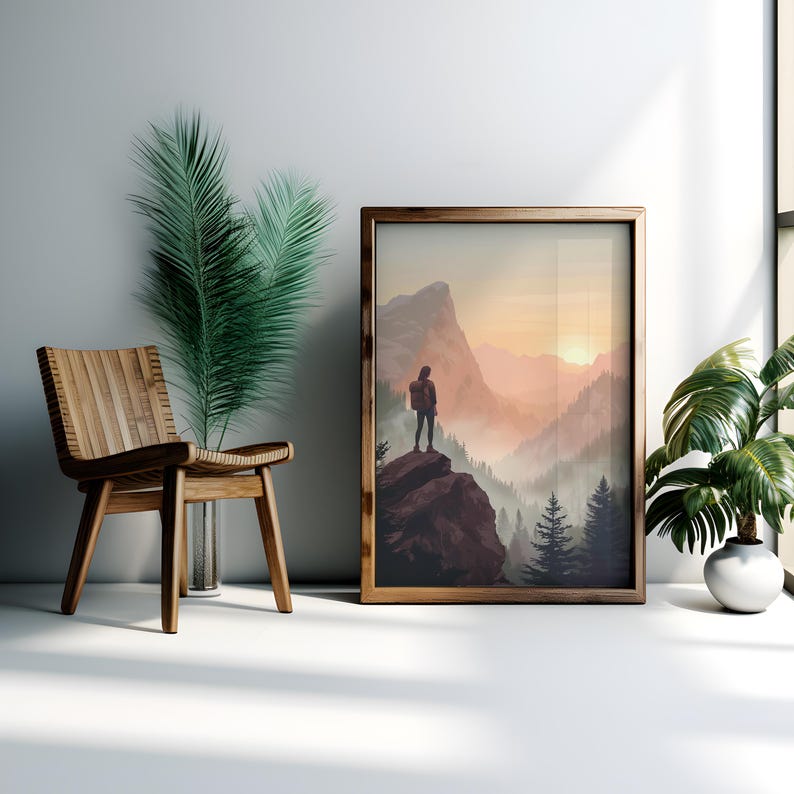 K&ouml;nnte beinhalten: Ein gerahmter Druck eines Wanderers, der auf einem Berggipfel steht und auf ein nebliges Tal blickt. Die Sonne geht in der Ferne unter und wirft einen warmen Schein auf die Landschaft. Der Druck ist in einem Holzrahmen.