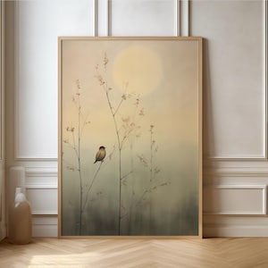 Minimalist Bird Poster Nature – Tranquil Landscape Beige Green – Japandi Wall Art – Scandinavian Wall Art